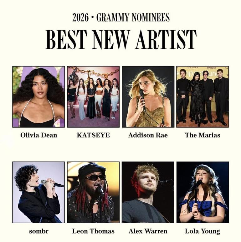 A group photo of Best New Artist nominees at the 2026 Grammy Awards ceremony