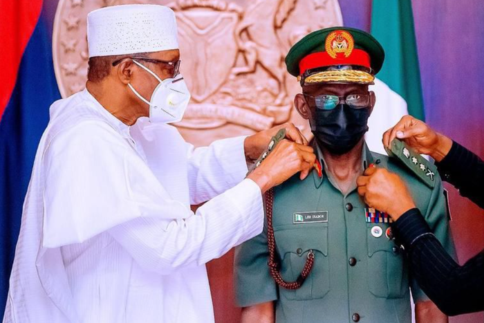 Former President Muhammadu Buhari decorated the Chief of Defence Staff, Gen. Lucky Irabor, with his new rank. [Presidency]
