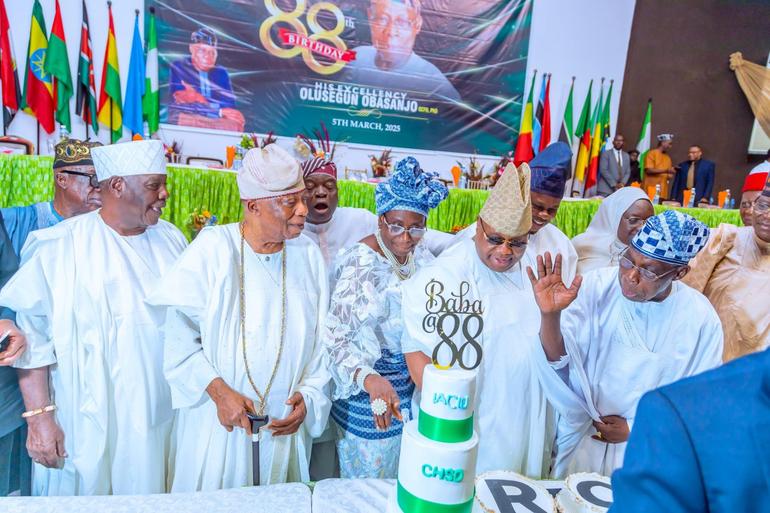 Governor Ademola Adeleke joins former President Olusegun Obasanjo and guests during Obasanjo’s 88th birthday celebration in March 2025.