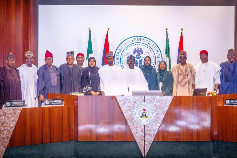 The late former President Muhammadu Buhari's only surviving son, Yusuf and President Bola Tinubu at a special FEC meeting.