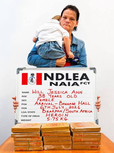 South African woman Will Jessica Ann was arrested with heroin and three-year-old son at Abuja airport.