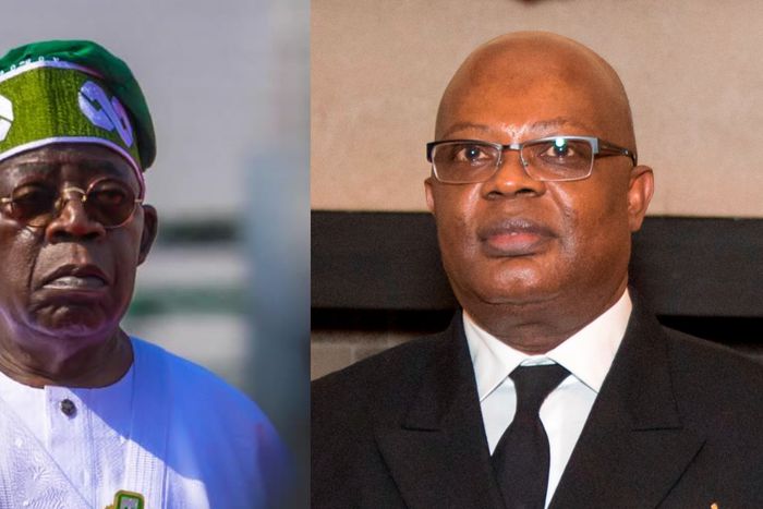 L-R: President Bola Tinubu and the Sole Administrator for Rivers State, Vice Admiral Ibokette Ibas (Rtd).