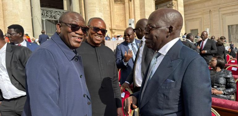 I'm head of the Nigerian delegation - Tinubu jokes with Obi at Pope Leo XIV's inauguration