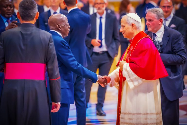 President Tinubu shakes hands with Pope Leo XIV after the inauguration mass at the Vatican.