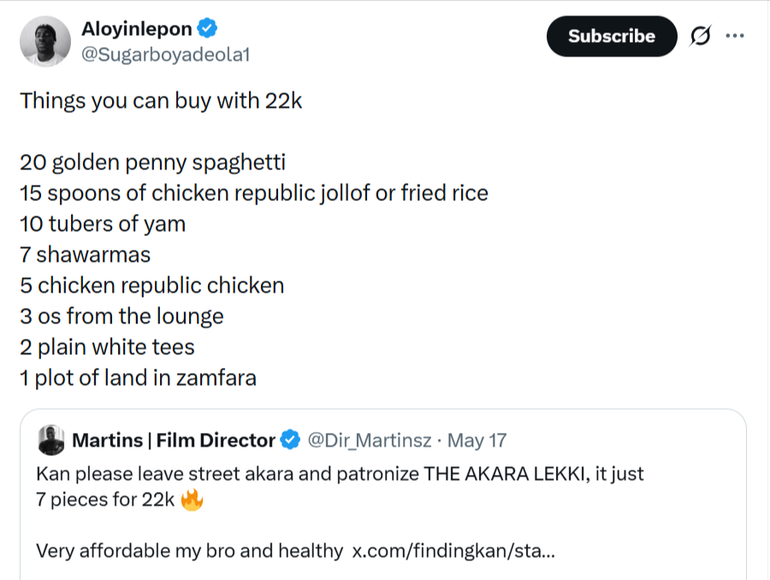 A screenshot of a post on X by user Aloyinlepon listing many grocery items, clothing, and even land you can buy with ₦22,000 instead of the expensive Akara.