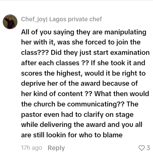 A screenshot of a TikTok comment by user Chef_joy defending Lady Kay's award at LOGIC Church, arguing that her lifestyle content shouldn't deprive her of an academic achievement she earned fairly.