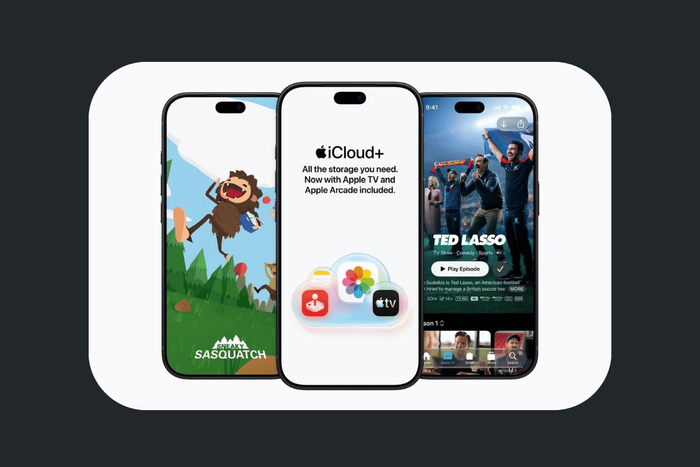 Apple TV, iCloud+ and Apple Arcade displayed on iPhone screens