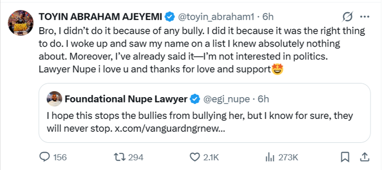 Toyin Abraham clarifies that she's not a member of Lagos' APC council