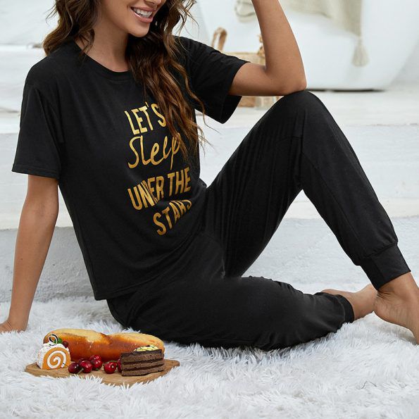 Text-Print-T-shirt-&-Trouser-Loungewear-Sets-Top-Luxury-Pyjamas-for-Women