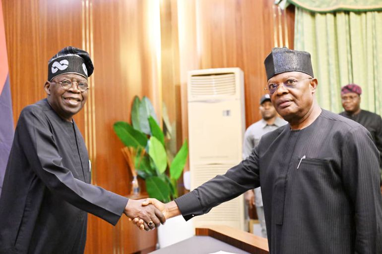 President Bola Ahmed Tinubu (right), congratulating the Newly Appointed Administrator of Rivers State, retired Vice Admiral Ibok-Ete Ekwe Ibas, after his Swearing-in Ceremony at the Presidential Villa, Abuja, on Wednesday.