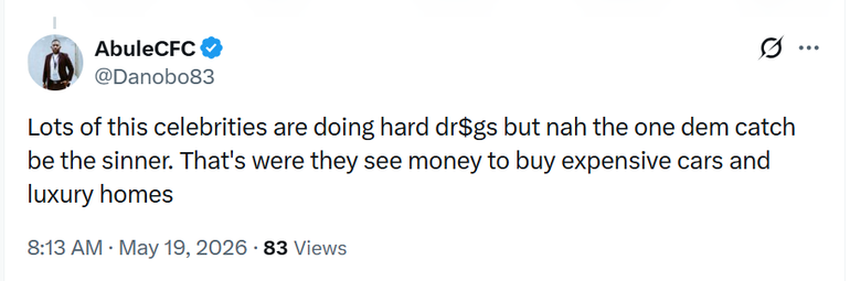 A screenshot of an X post by user AbuleCFC speculating that many celebrities use hard drugs and buy luxury homes with illicit money.