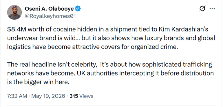 A screenshot of an X post by user Oseni A. Olabooye highlighting how sophisticated trafficking networks use luxury brands and global logistics as attractive covers for organised crime.
