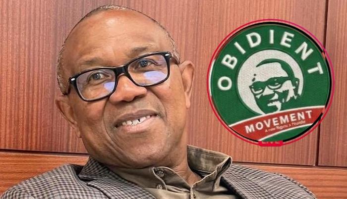 Former Anambra Governor Peter Obi with the official logo of the popular "Obidient Movement."