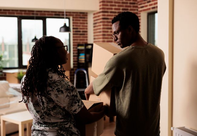 Couple carrying boxes