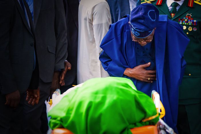 President Bola Tinubu giving his predecessor, late former President Muhammadu Buhari, his last bow before his burial on Tuesday, July 15, 2025.