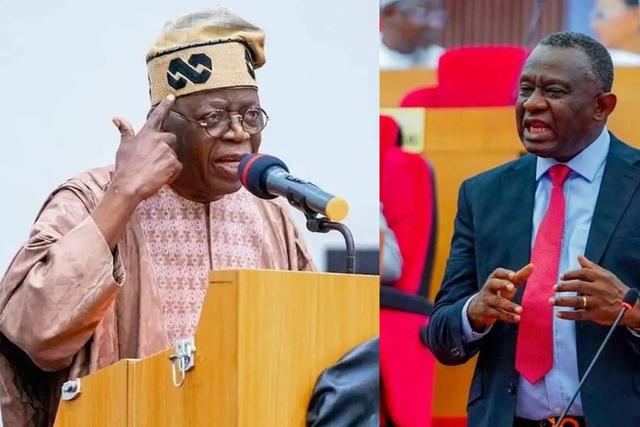 A photo collage of President Bola Tinubu (L) and Senator Sunday Steve Karimi, representing Kogi West (R).