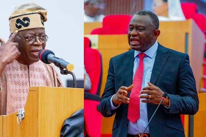 A photo collage of President Bola Tinubu (L) and Senator Sunday Steve Karimi, representing Kogi West (R).