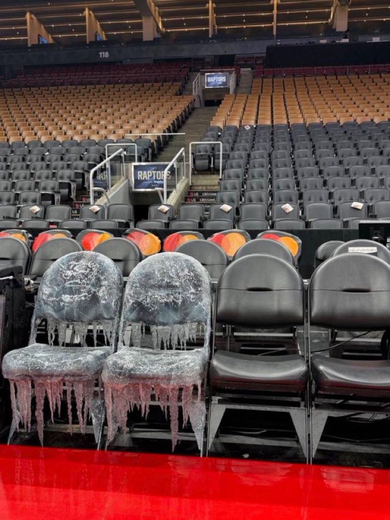 Drake covered his courtside seats at Scotiabank Arena in ice