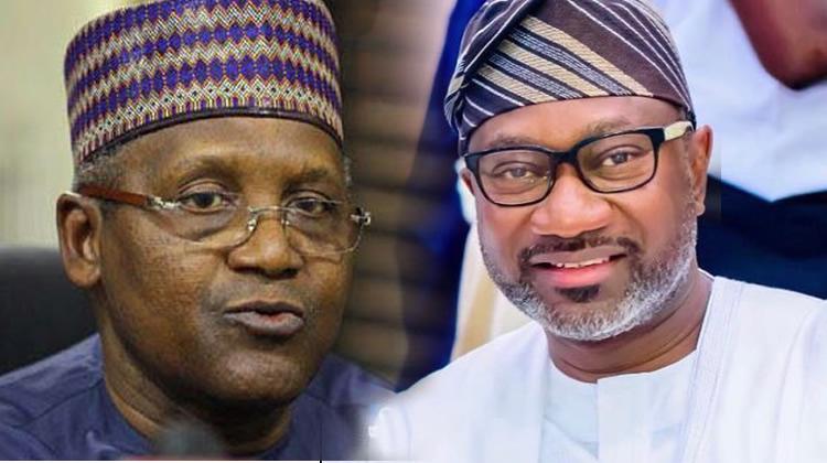 Close-up split portrait of Nigerian billionaires Aliko Dangote in traditional northern cap and Femi Otedola in a Yoruba native cap and glasses.