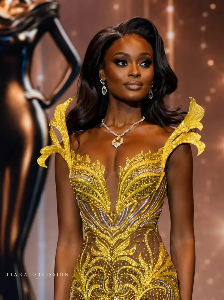 Nigerian-American beauty queen Victoria Oluwakotanmi wearing an intricate gold evening gown on the pageant stage.