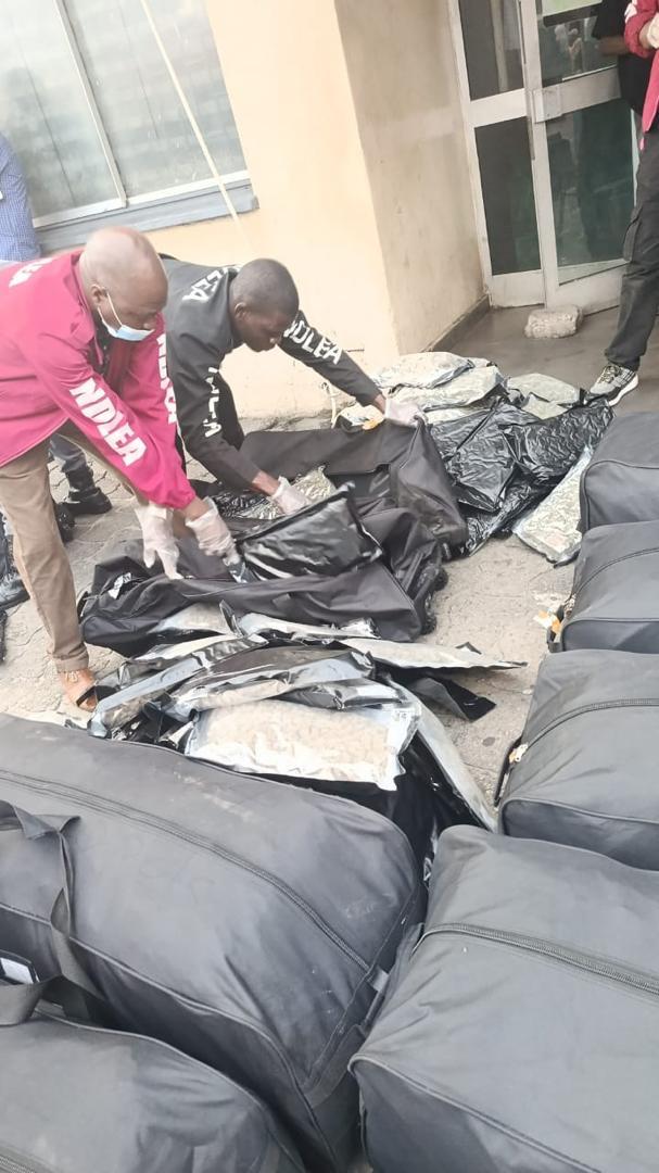 Two NDLEA officers examining parcels of drugs, likely cannabis, inside the bags