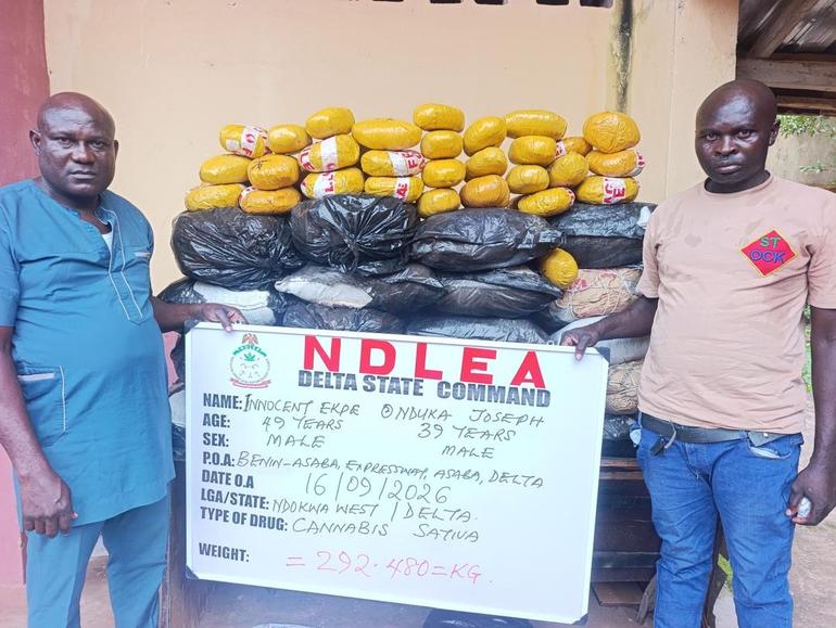 Innocent Ekpe and Nduka Joseph arrested by NDLEA with 292 kilograms of cannabis sativa.