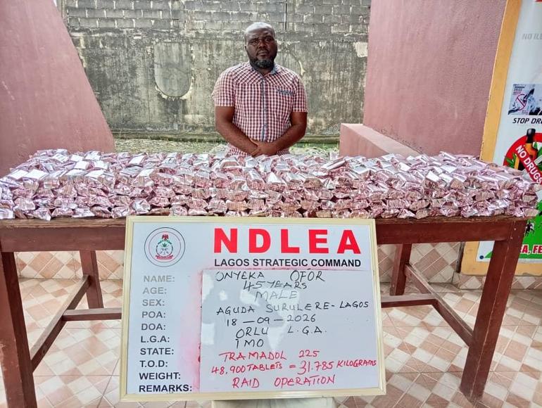 The agency parades Onyeka Ofor with 48,900 225 mg tramadol pills