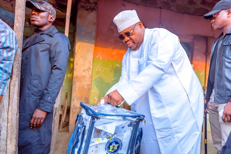 Osun State Governor Ademola Adeleke votes in the state's local government election. [NAN]