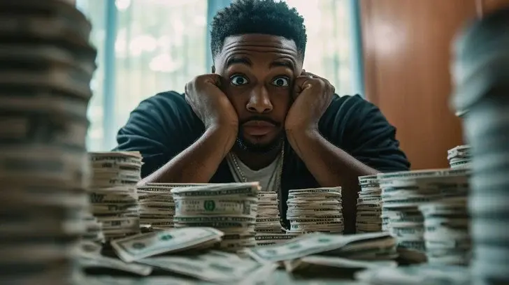 A wide-eyed Black man looking completely stunned and overwhelmed while resting his chin in his hands behind massive, towering stacks of cash on a table.