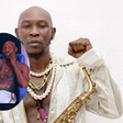 A collage featuring a portrait of Seun Kuti holding a saxophone with a circular inset of him sitting on a blue sofa during the Selahmeditate podcast interview.