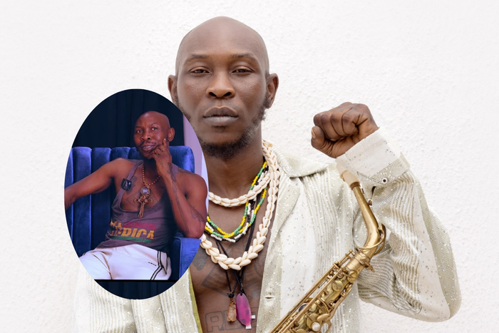 A collage featuring a portrait of Seun Kuti holding a saxophone with a circular inset of him sitting on a blue sofa during the Selahmeditate podcast interview.