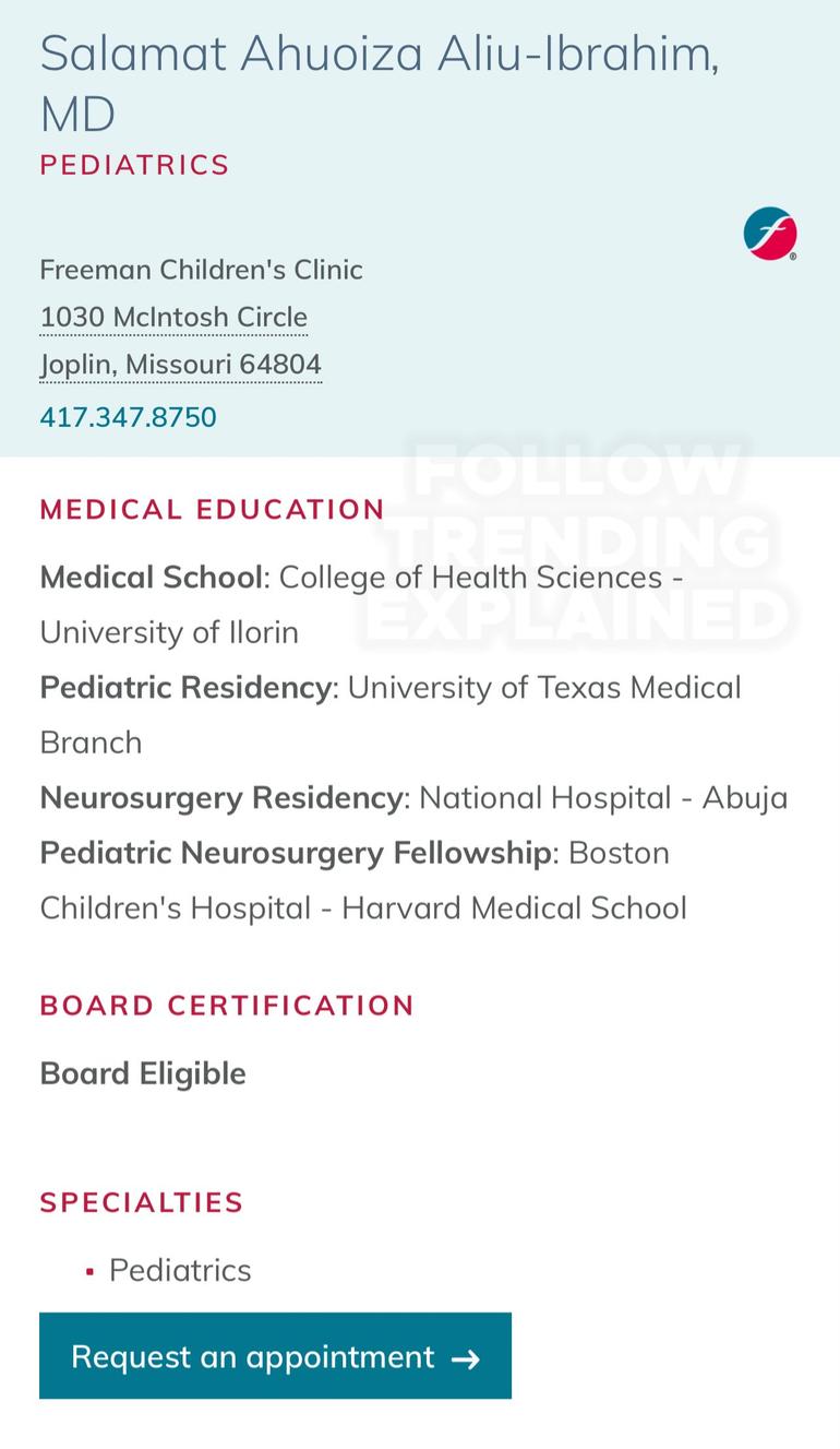 Dr Salamat Ahuoiza Aliu-Ibrahim's medical education profile at Freeman Health System, Joplin, Missouri, showing a paediatrics speciality and neurosurgery background.