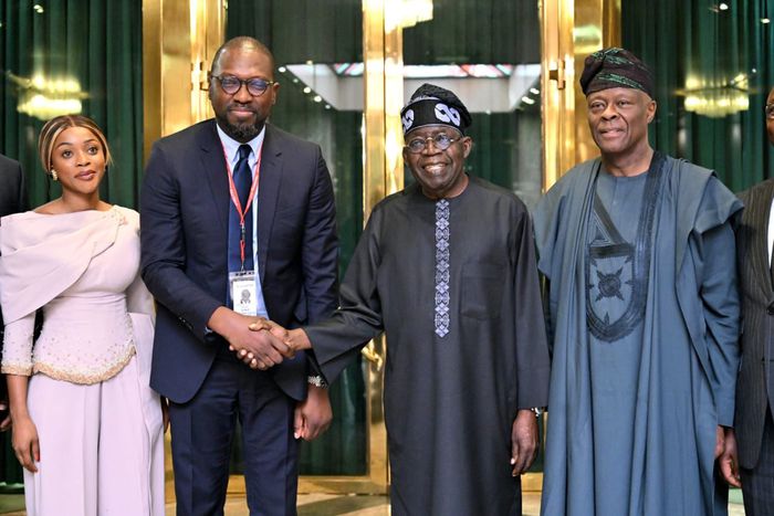President Bola Tinubu, Mr Wale Edun, Minister of Finance and Coordinating Minister of the Economy, Mr Olugbenga Agoola, Chief Executive Officer, Flutterwave, and Miss Olu Olufemi-White, CEO Alami Capital, at the Presidential Villa Abuja on Saturday