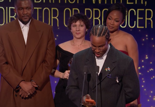 Akinola Davies Jr. giving his speech, BAFTAs 2026