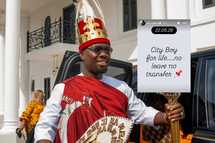 Split image graphic showing billionaire Obi Cubana in traditional attire alongside his official Instagram story debunking the viral rumors.