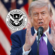 President Donald Trump speaking at a microphone with a Department of Homeland Security logo overlay.