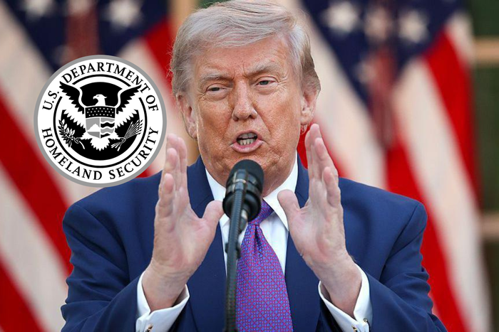 President Donald Trump speaking at a microphone with a Department of Homeland Security logo overlay.