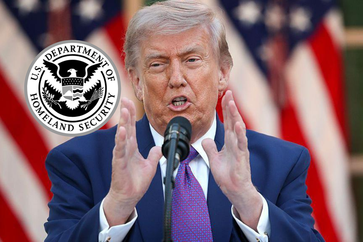 President Donald Trump speaking at a microphone with a Department of Homeland Security logo overlay.