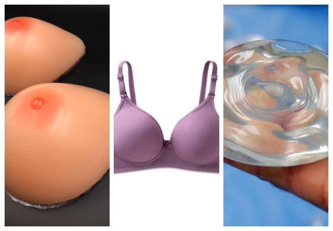 A three-panel comparison image showing a pair of realistic silicone breast forms on the left, a purple padded bra in the center, and a clear surgical breast implant on the right.