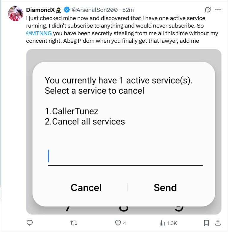 Screenshot of an MTN Nigeria subscriber checking active value added services via the 305 USSD code on X.