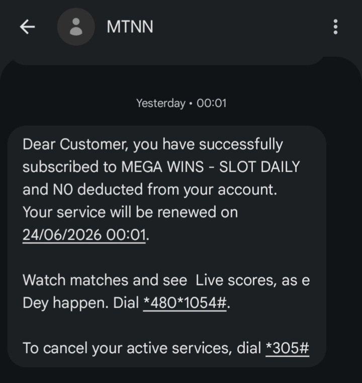 MTN Nigeria text message welcoming a user to a successful subscription of Mega Wins Slot Daily with zero initial charge.