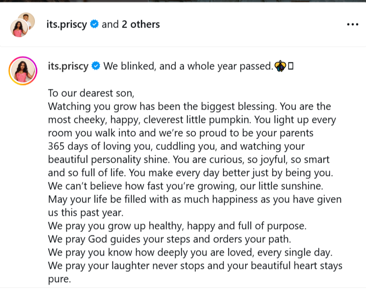 Screenshot of Priscilla Ojo's heartwarming birthday caption on IG.