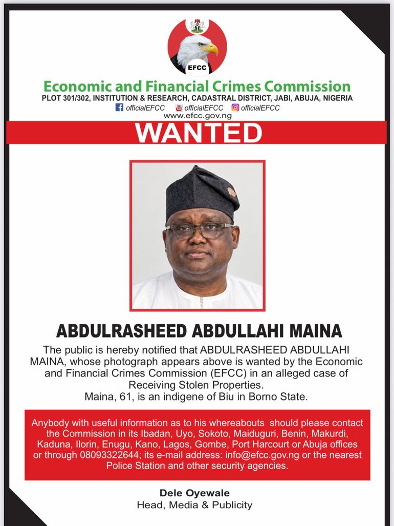 Abdulrasheed Maina is wanted by the EFCC again over alleged receipt of stolen property.