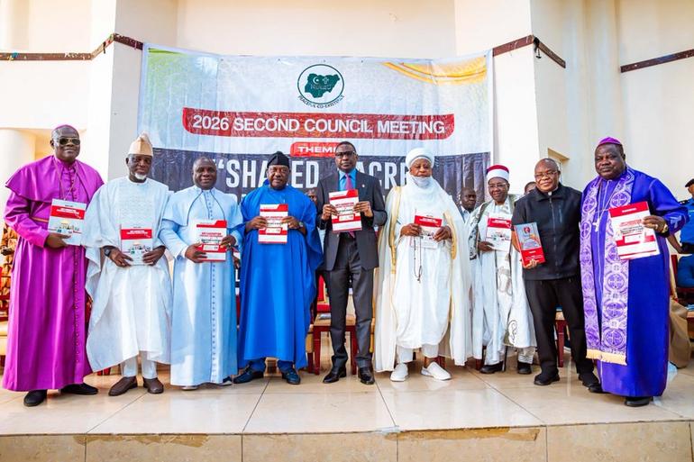 Economic and Financial Crimes Commission (EFCC) Chairman Olanipekun “Ola” Olukoyede and religious leaders at the Nigeria Inter-Religious Council (NIREC) in Abuja.