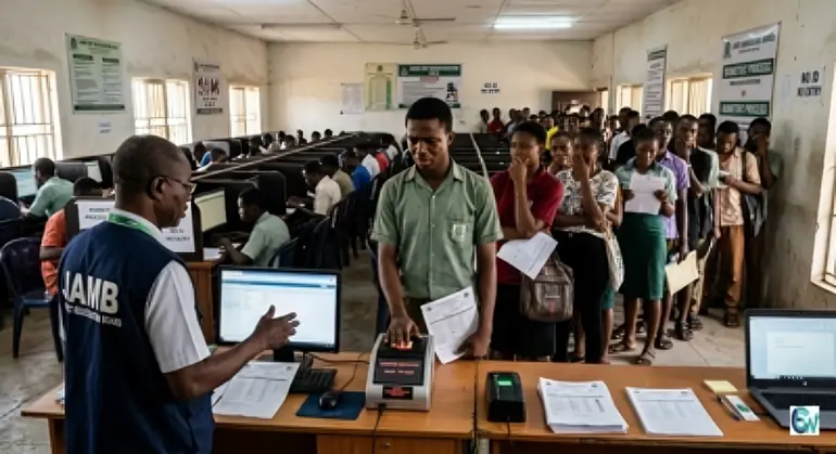 A JAMB official verifying a student's identity using a biometric fingerprint scanner in a crowded CBT centre exam hall. 