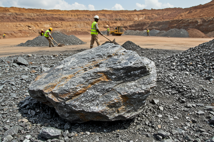 A large raw lithium and polymetallic ore mineral sample sitting on an active mining field in Nigeria.