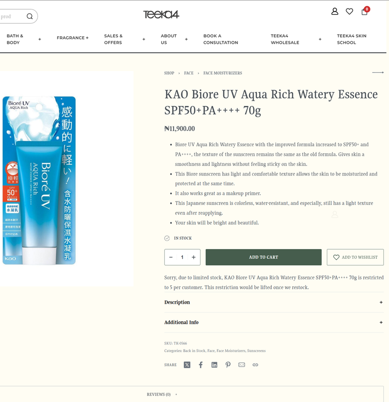 Screenshot of Teeka4's website listing 70 g of KAO Biore UV Aqua Rich Watery Essence SPF50+PA for sale.