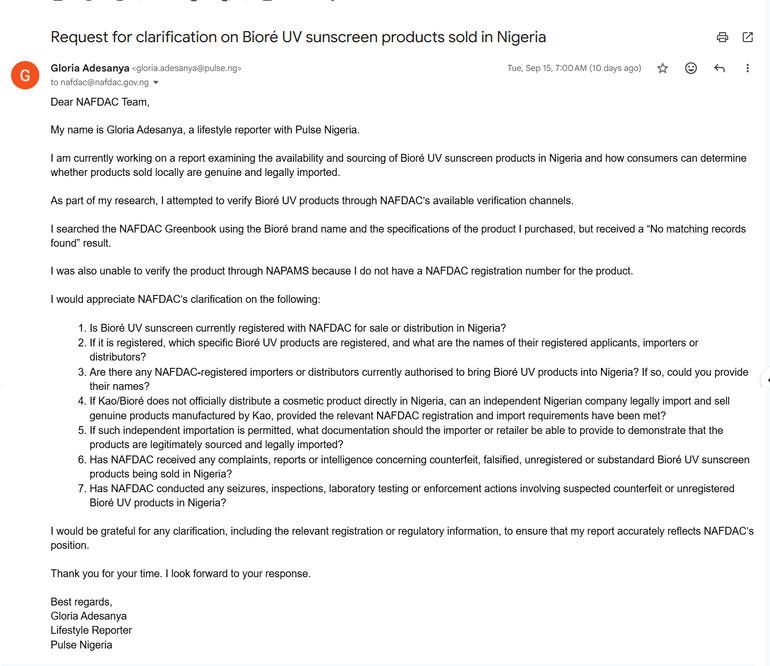 Screenshot of the email I sent to NAFDAC.