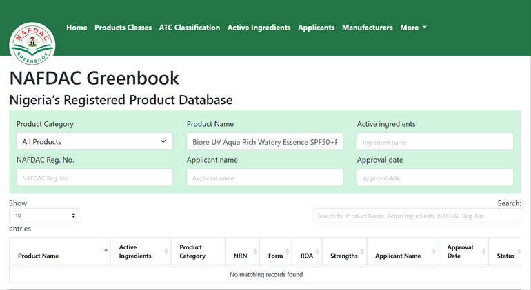 Screenshot of NAFDAC GREENBOOK's webpage