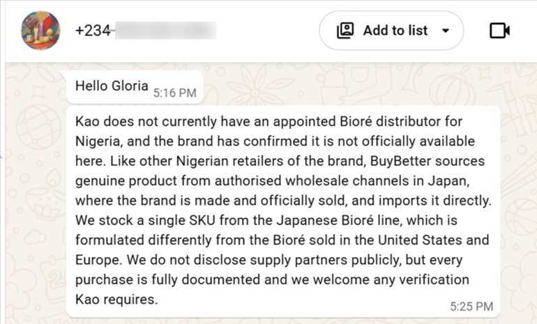 Mr Ololade from BuyBetter's response to my inquiry.